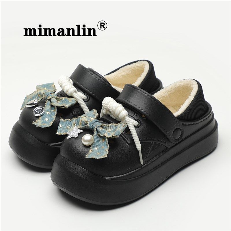 蝴蝶结黑色加绒洞洞鞋女2024新款秋冬防水防滑包跟棉拖鞋外穿棉鞋