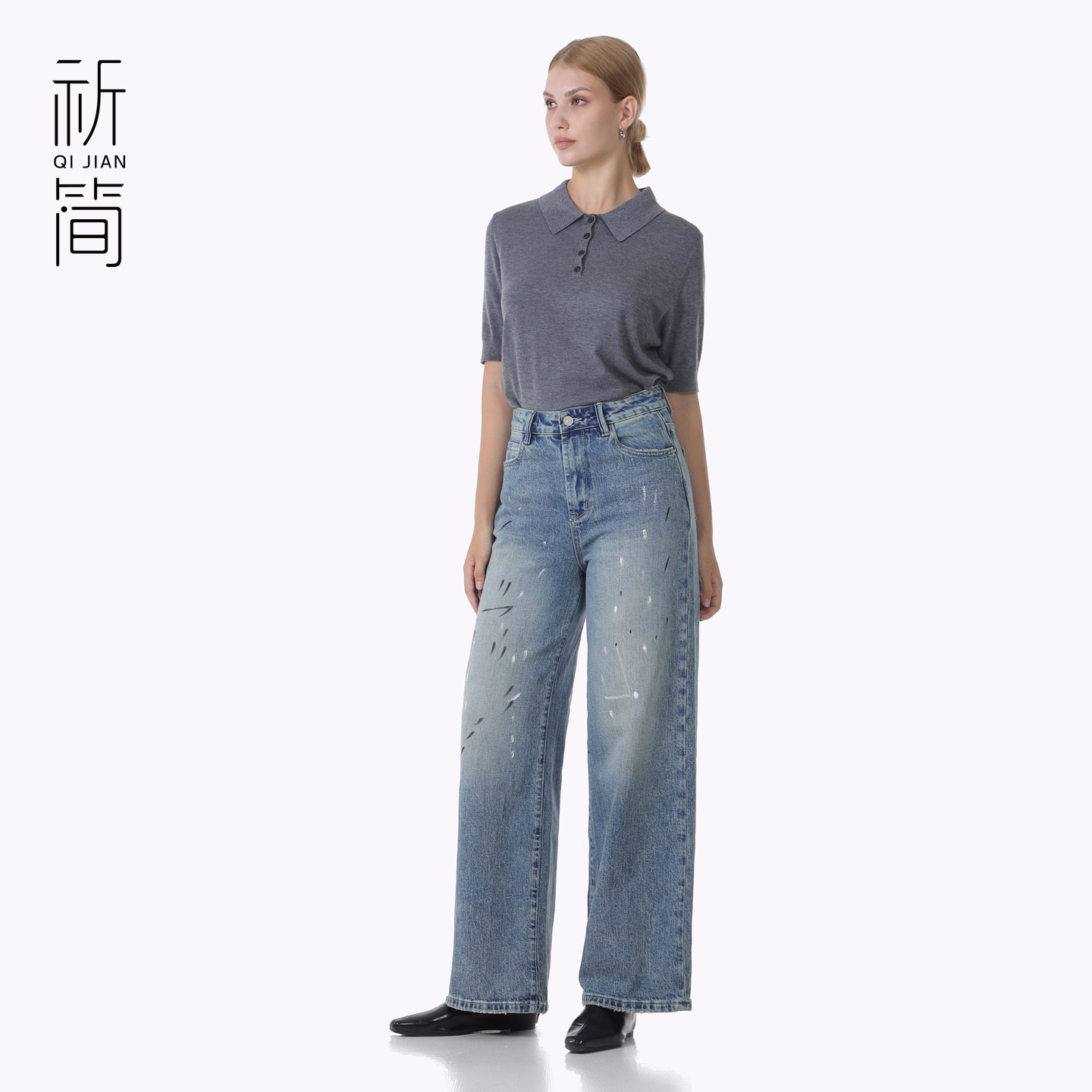 祈简泼墨印花款牛仔裤7019