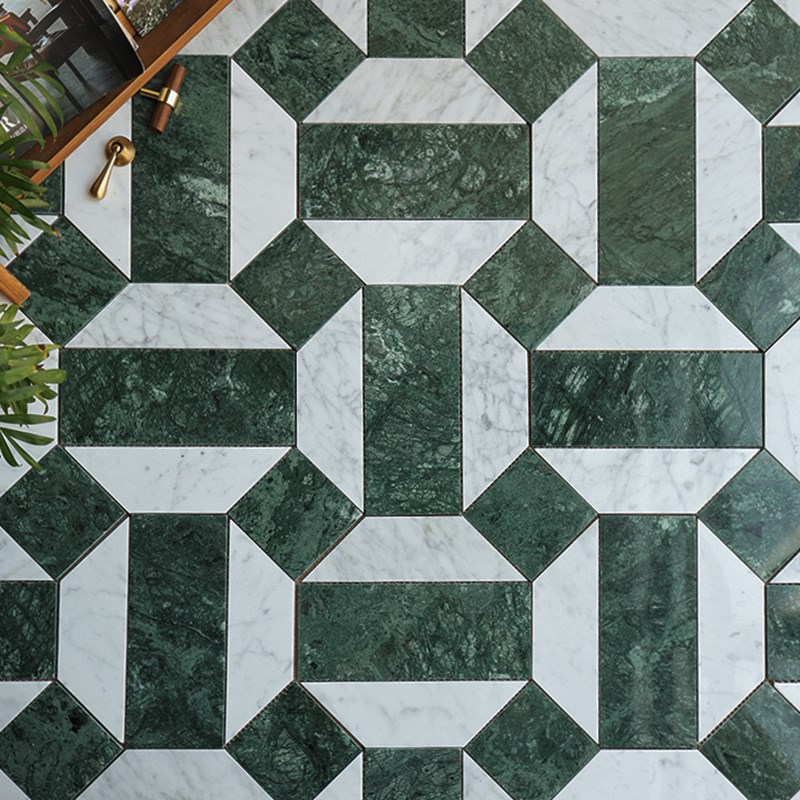 墨绿复古拼花大理石马赛克瓷砖浴室卫H生间地砖酒店民宿玄关防滑
