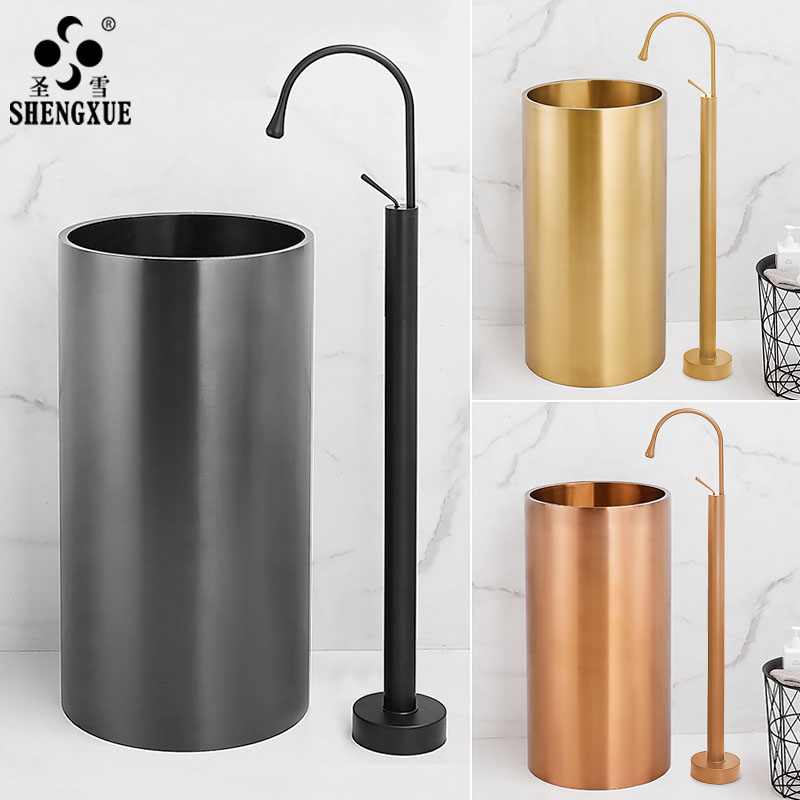 不锈钢立柱式洗手盆一o体落地式洗脸面盆圆柱形洗手台洗漱台卫生