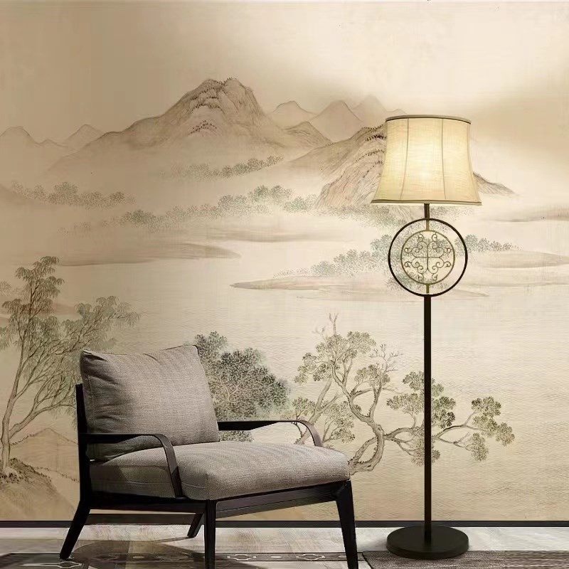 2024年新款中式壁纸电视背景墙纸复古风壁布P山水画墙布仿刺绣壁