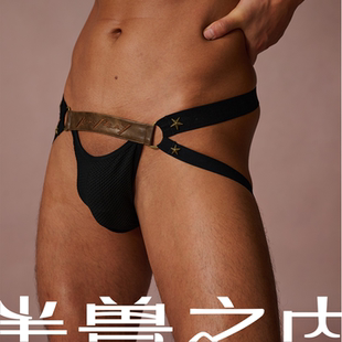 半兽之内夜权执章系列荣誉星纪双丁裤男士性感丁字裤皮革刺绣内裤