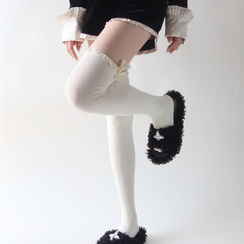 陆甜茶 白色蕾丝花边袜子女冬季黑色过膝袜jk长筒可爱日系高筒靴