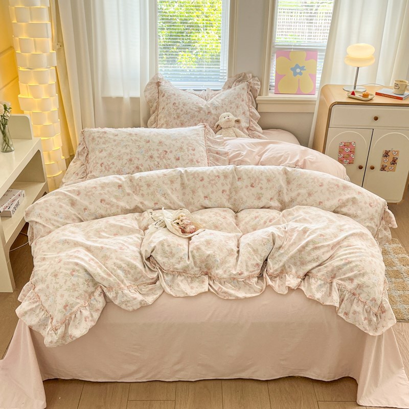 A类法式花边床上四件套水洗棉2025新款床单被套罩宿舍床品三件套4
