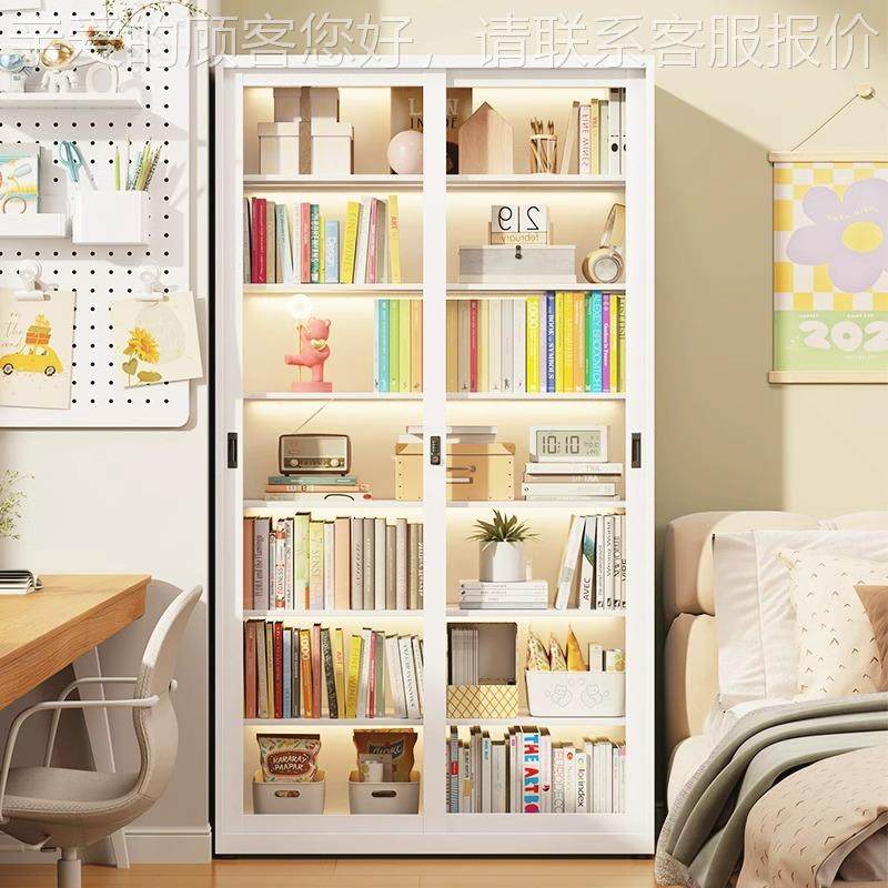 钢化玻璃移门书家用客厅带锁202409-Y展示落地推柜门铁艺柜拉防尘