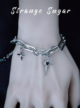 怪糖饰物集原创手工十字吊坠链条J手链亚文化y2k银色