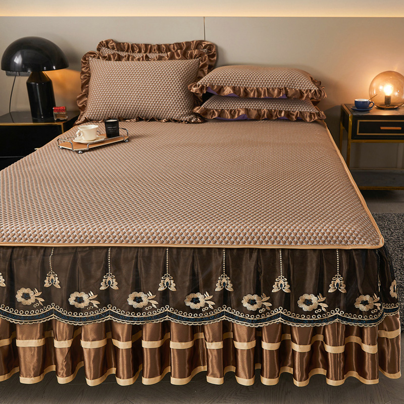 夏季欧式高端凉感豆豆席床裙款蕾丝边可机洗折叠冰丝床罩空调软席