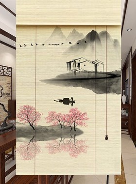 竹帘卷帘遮光双面印意境山水竹窗帘中式古风拉绳双面印花帘子复古