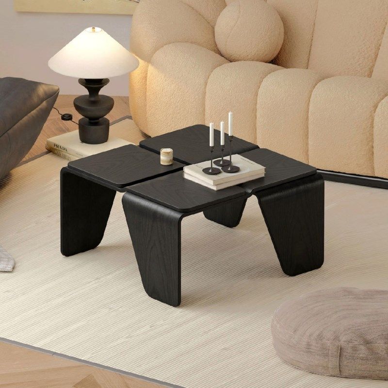 中古风实木茶几小户型方形黑色极简客厅沙发现代简约茶桌2024新款