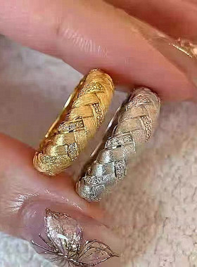 中古拉丝S925纯银镀金编织戒指