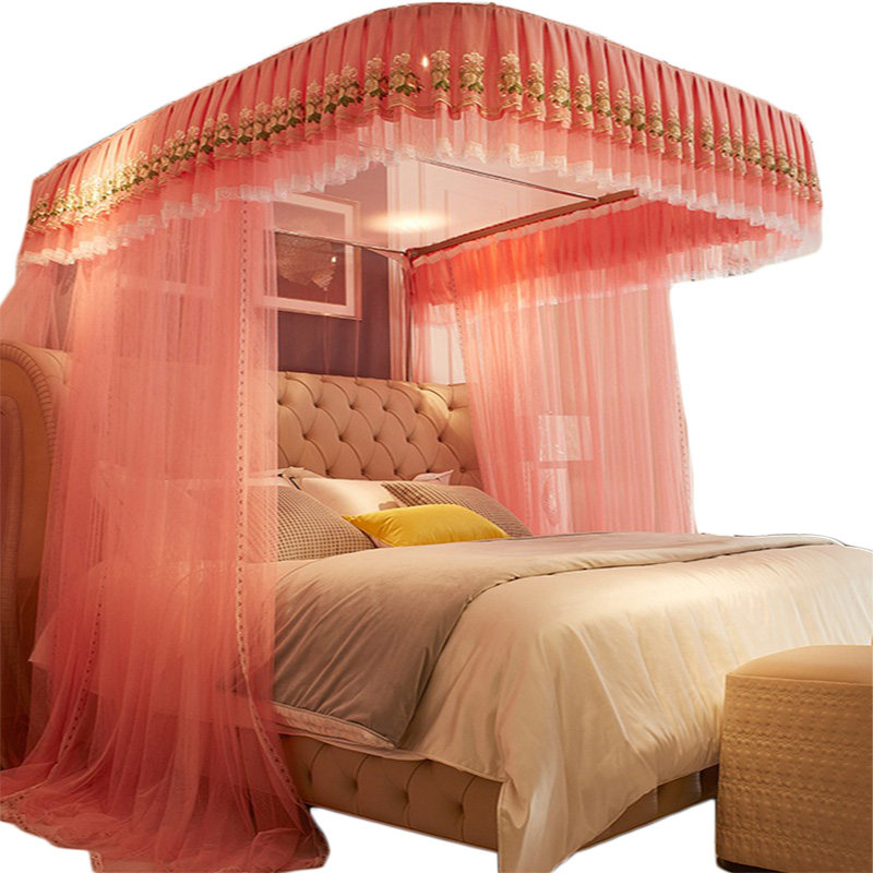 粉红色U型公主风结婚房蚊帐3开门导轨式新婚床帐家用1.8m防蚊罩帐