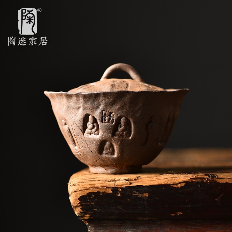 陶迷纯手工粗陶盖碗仿石窟壁画大号主人杯复古二才碗家用泡茶单碗