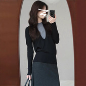 黑灰撞色假两件针织衫 设计感韩系穿搭chic上衣 女2026早秋新款