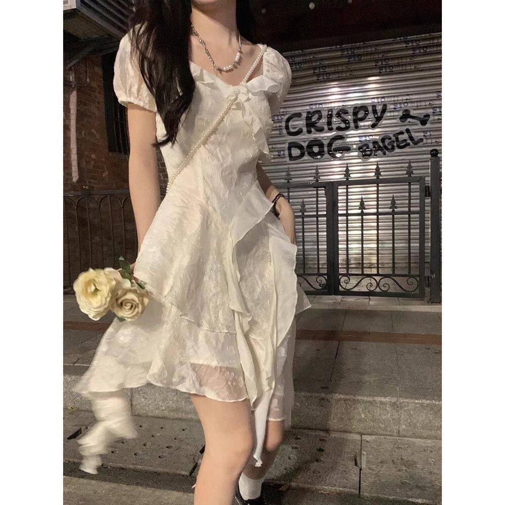 新款法式初恋不规则白色公主生日礼服连衣裙女夏季小个子时尚短裙