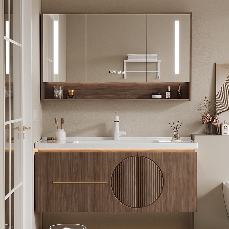 乌金木简约现代智能浴室柜镜柜组合烤漆K实木新中式卫生间洗漱台