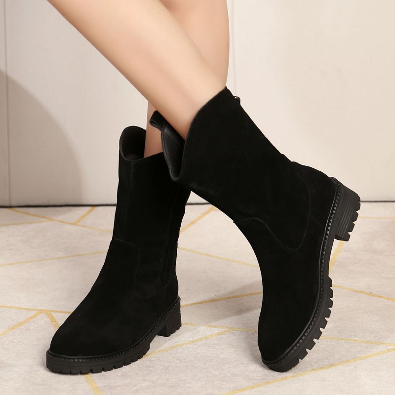 磨砂翻毛皮靴子中筒靴2024年新款秋冬大码厚底加绒皮靴骑士靴