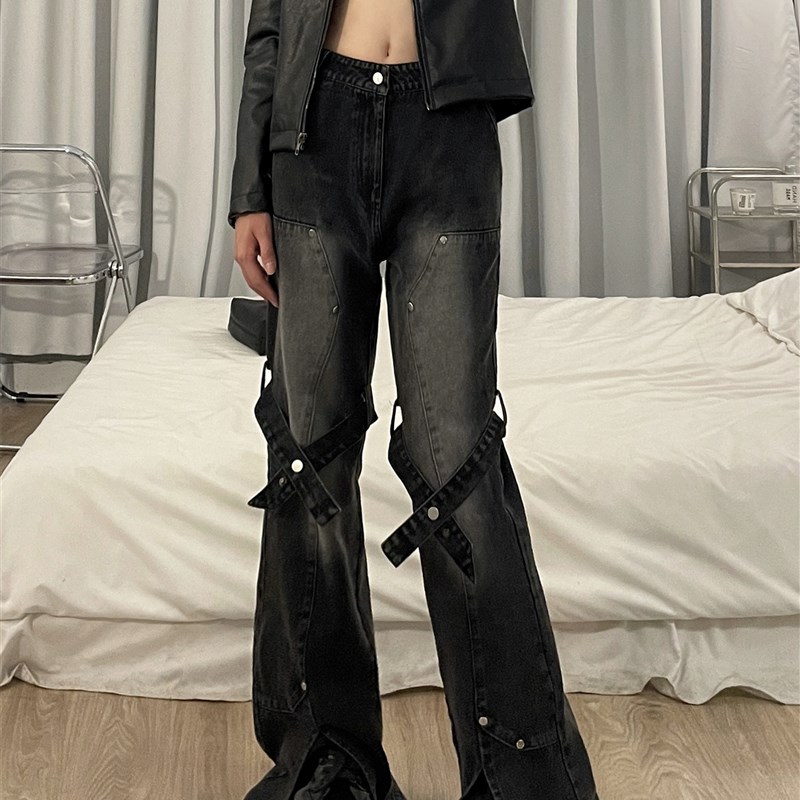 设计感高街vibe复古大码美式街头绑带微喇叭牛仔裤女ins潮休闲裤