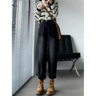 九分裤 老爹裤 女高腰松紧腰显瘦宽松萝卜裤 2024春秋复古哈伦牛仔裤