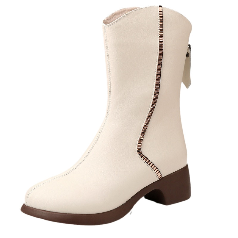 中筒靴女春秋单靴粗跟真皮靴子2023年新款冬季加绒棉靴流苏马丁靴