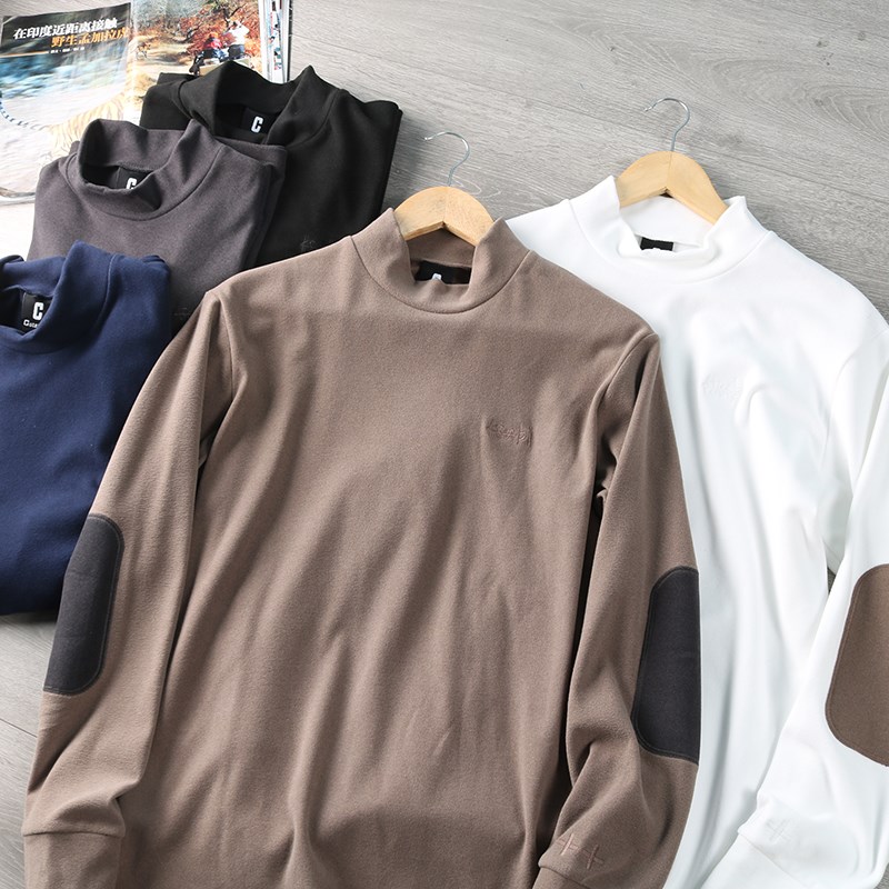 出口北欧 双面德绒!秋冬半高领刺绣贴布秋冬保暖长袖T恤打底衫男