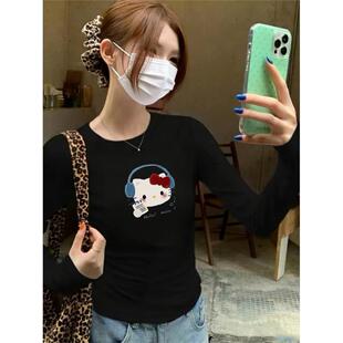 黑色圆领修身长袖上衣女春秋新款卡通kitty猫印花减龄设计打底衫