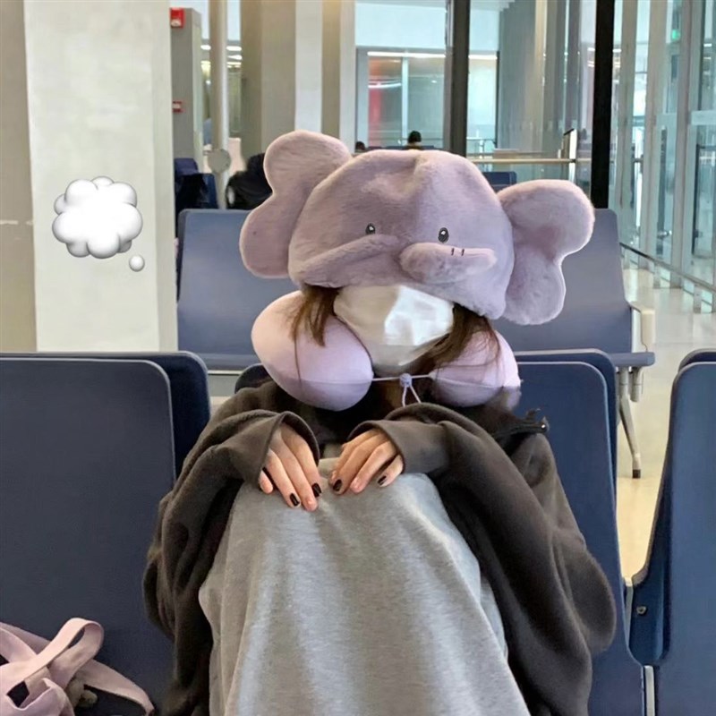 紫色大象连帽U型枕旅行枕可爱卡通护颈办公室空调帽子开车飞机枕