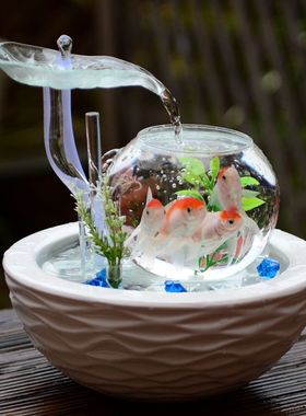 家居小型客厅鱼缸流水电视柜摆件陶瓷喷泉桌面加湿器创意生日礼物