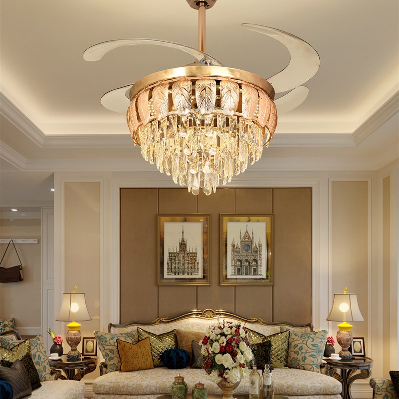 欧式水晶隐形风扇灯客厅卧室餐厅吊顶风扇灯家用风扇灯遥控变频风