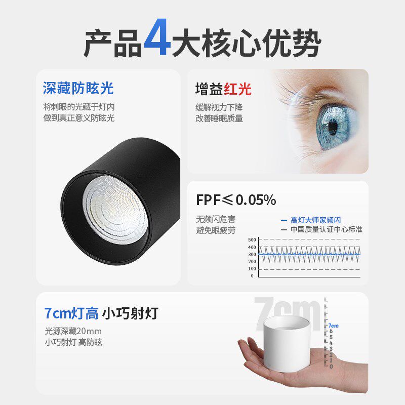 迷你明装筒灯黑色LED无主灯深防眩免打孔吸顶灯客厅卧室家用护眼