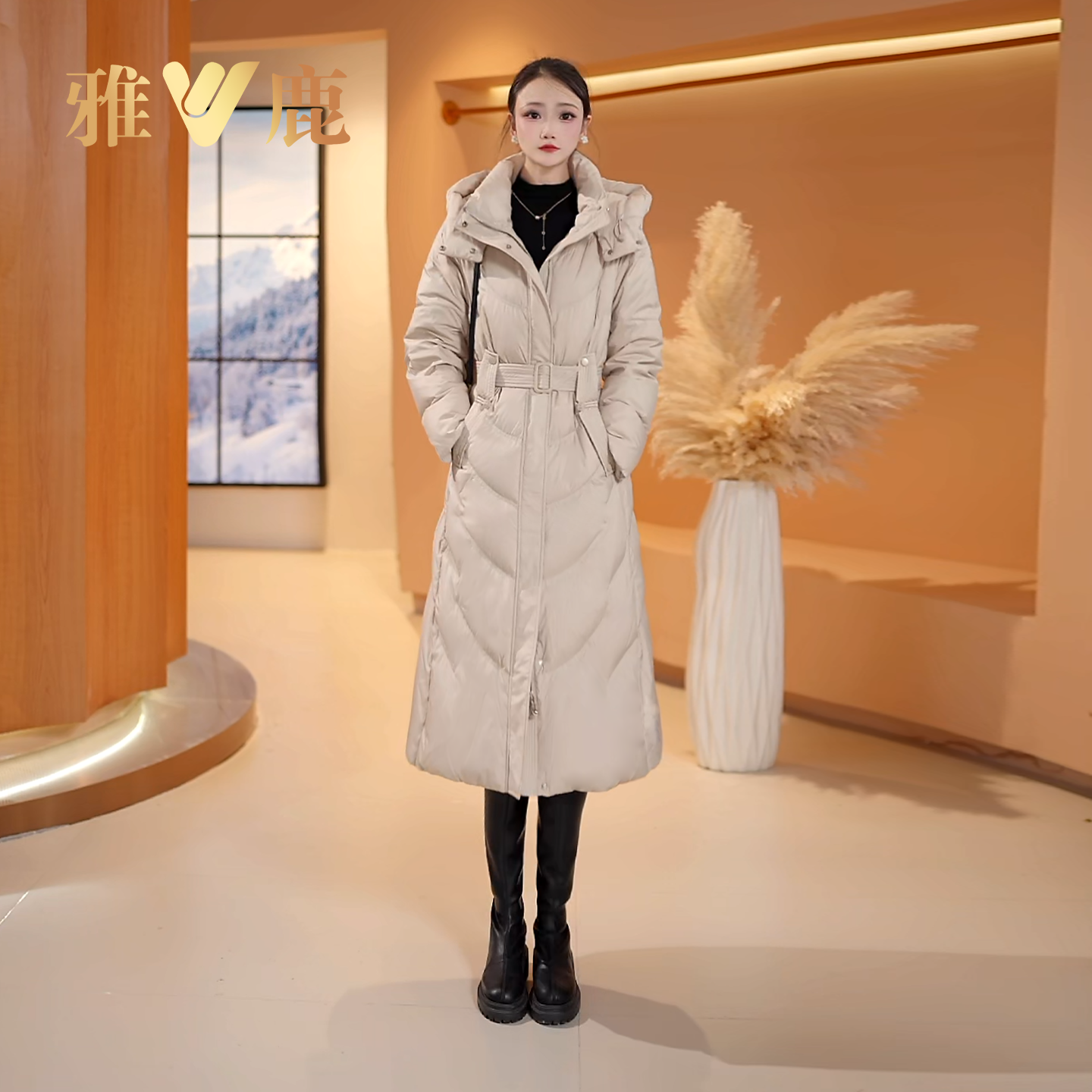 雅鹿长款羽绒服女冬季新款加厚连帽带腰带休闲系带修身收腰外套