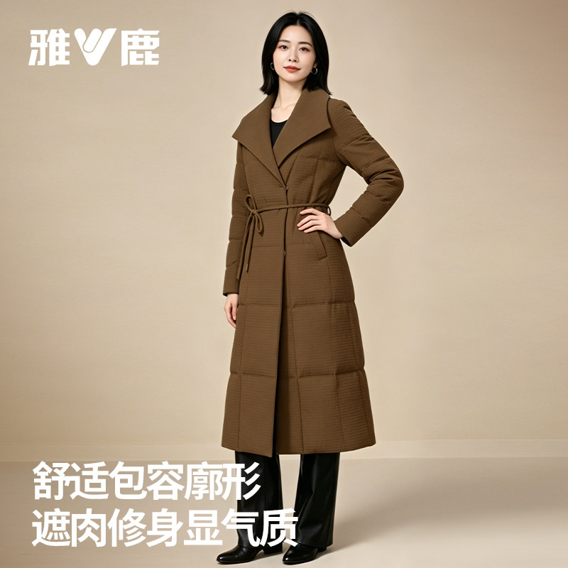 雅鹿新款收腰系绳长款女式时尚通勤保暖百搭鹅绒羽绒服