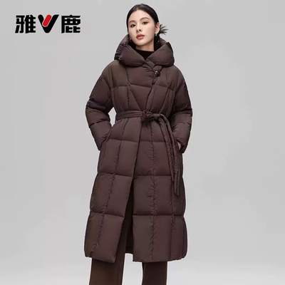 雅鹿90鹅绒加厚系带收腰羽绒服中长款连帽泡芙2024秋冬款保暖外套