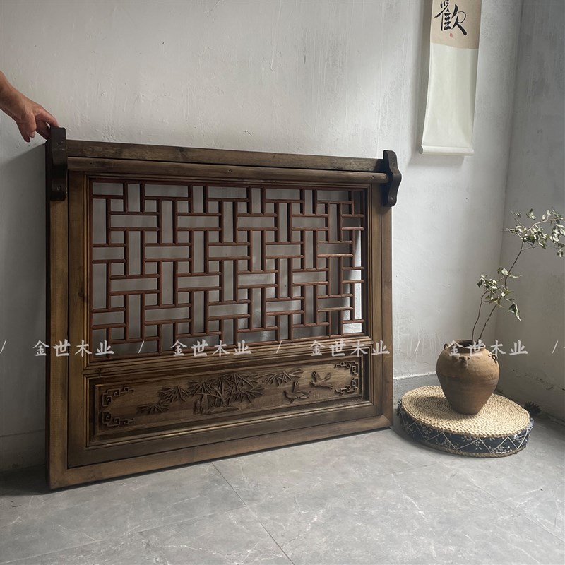 定制实木上翻窗户中n式仿古做旧门窗推拉窗镂空花格传统复古风茶