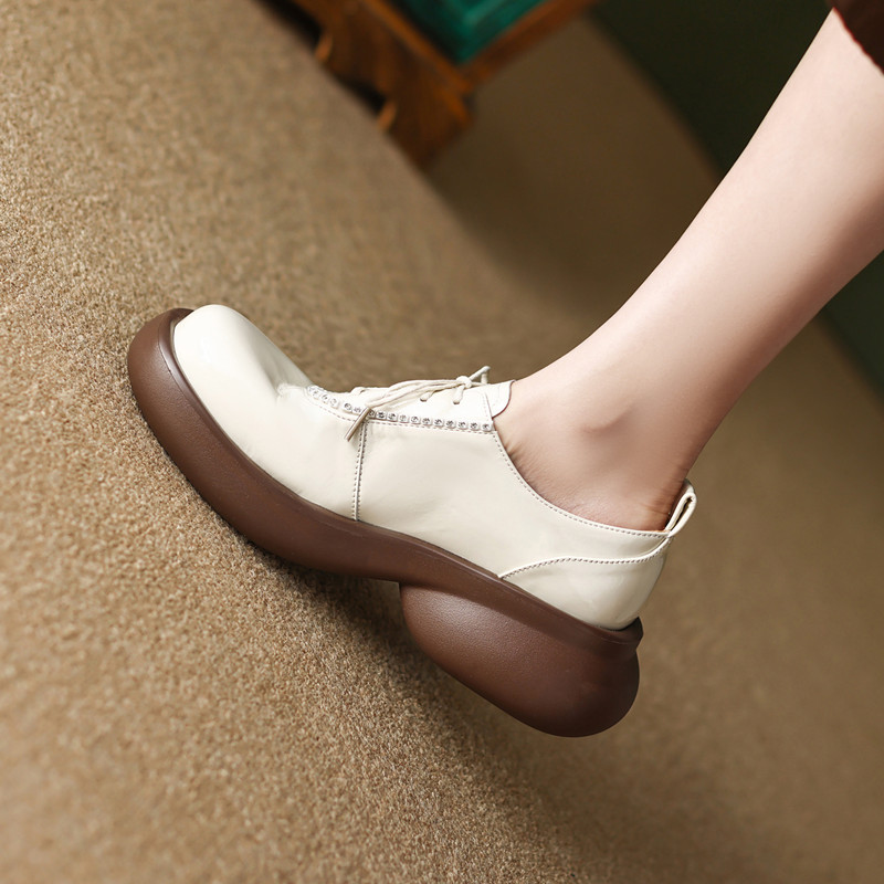 2023春新款真皮厚底系带水钻小皮鞋女坡跟松糕底圆头X漆皮英伦单