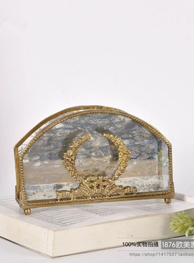 印度进口黄铜手工复古玻璃纸y巾盒轻奢装饰餐桌餐巾盒纸巾夹摆件