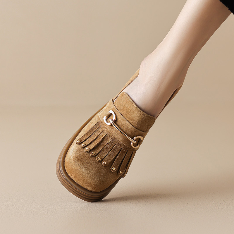 23春新款d真皮厚底复古金属扣小皮鞋女粗跟松糕底英伦流苏懒人单