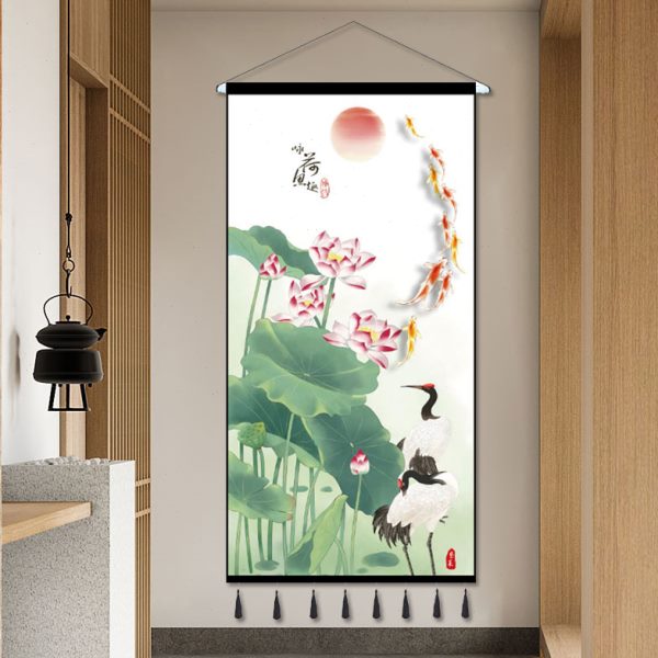 走廊入户布艺客厅挂画挂布背景布装饰玄关挂毯新中式九鱼图荷花图片