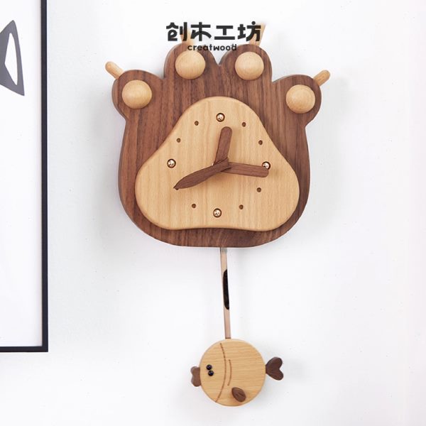 【鱼和熊掌挂钟】创木工坊实木摆钟可爱创意客厅装饰时钟挂表礼品