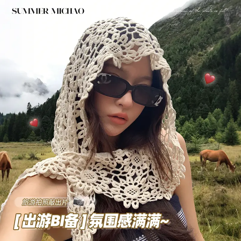 手工镂空钩花帽子女夏季披肩帽川西旅游度假氛围感针织包头帽lx
