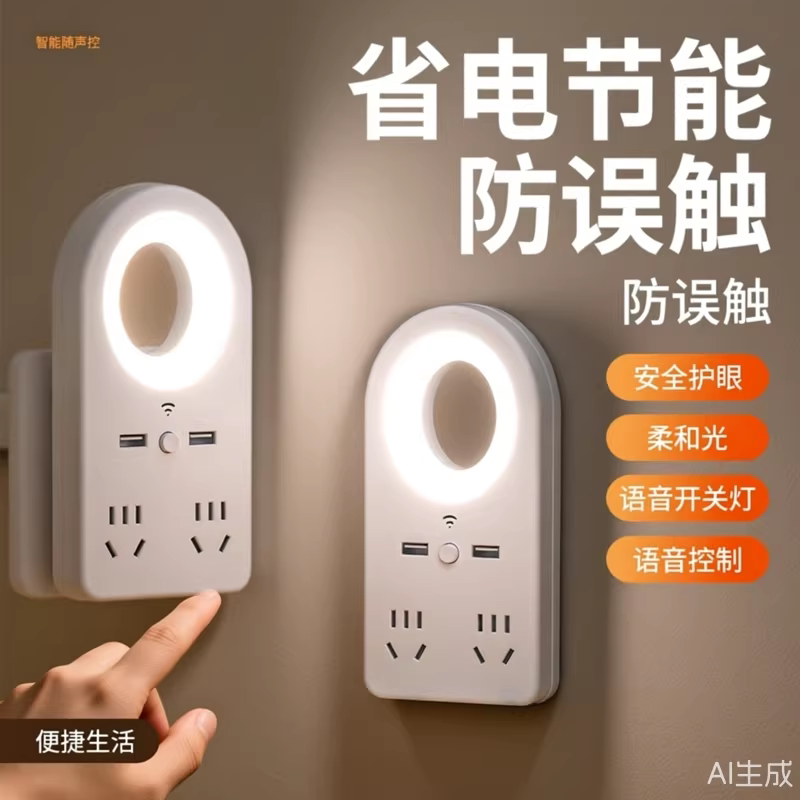 智能语音小夜灯插座带USB快充接口转换器多功能家用卧室睡眠灯HH