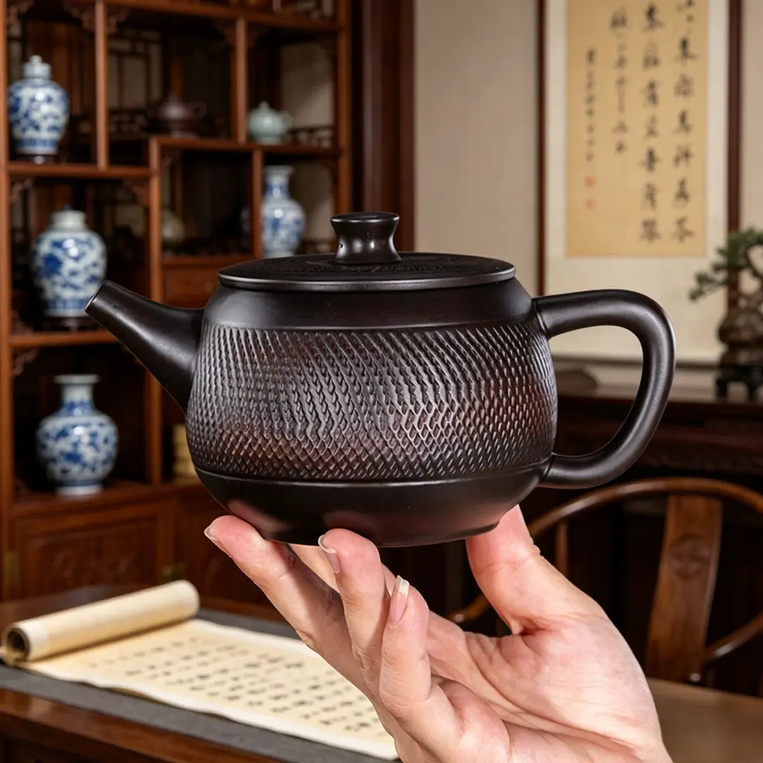 紫陶汉瓦壶纯手工跳刀壶大容量陶瓷泡茶壶茶杯高档紫砂凤鸣壶lx