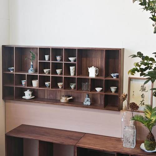 新中式乌金木实木壁挂茶具摆件收纳展示架墙上博古架多宝阁置物架
