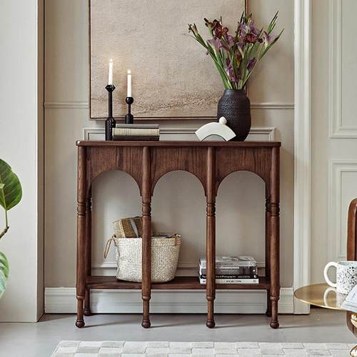 法式覆古实木玄关柜家用客厅入户玄关桌走廊过道边柜中古风装饰柜