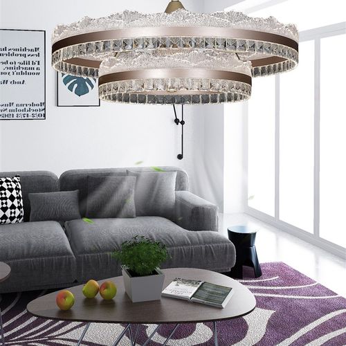 新款餐厅隐形风扇吊灯三色变光z智能语音全铜变频静音电机加水晶