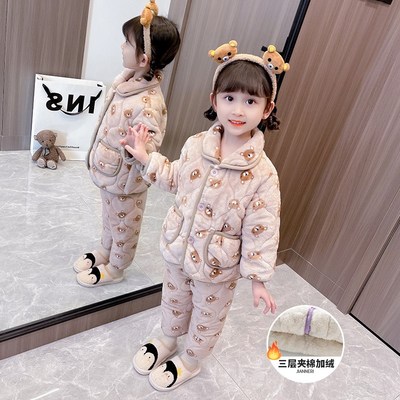 儿童加绒加厚卡通睡衣女宝宝法兰绒家居服三层夹棉T女童保暖衣冬