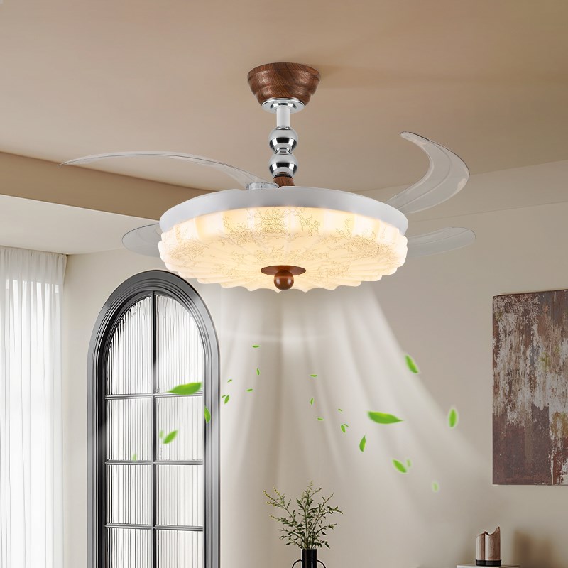 新中式隐形带吊扇灯吊扇灯奶油风客厅卧室饭厅电R风扇吊灯中山灯
