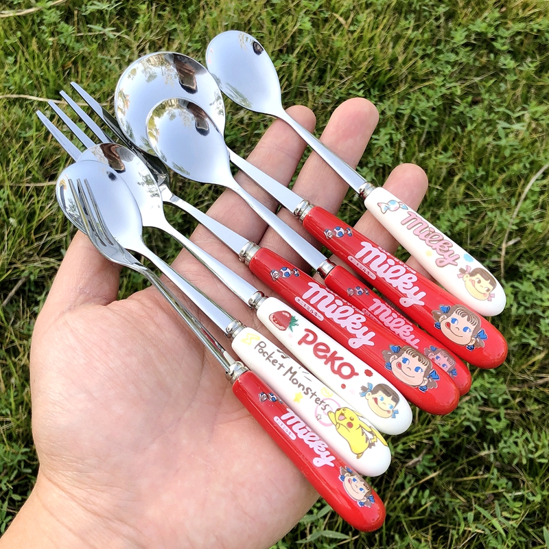 少女心卡通创意陶瓷手柄不锈钢B搅拌勺不二家小勺可爱图案草莓勺