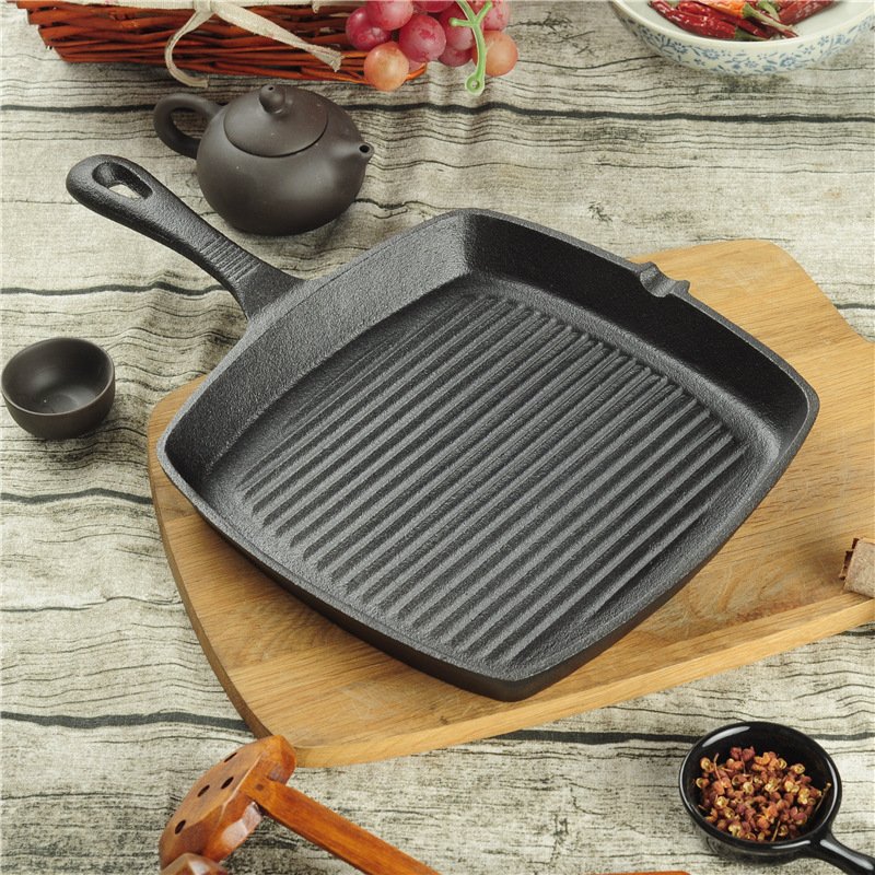 铸铁锅加厚牛排锅牛扒锅生铁条纹牛排锅无涂层老式铁锅煎牛排神器