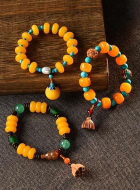 覆古民族风蜜蜡手炼鸡油黄单圈松石多宝手串吊坠文艺气质配饰女