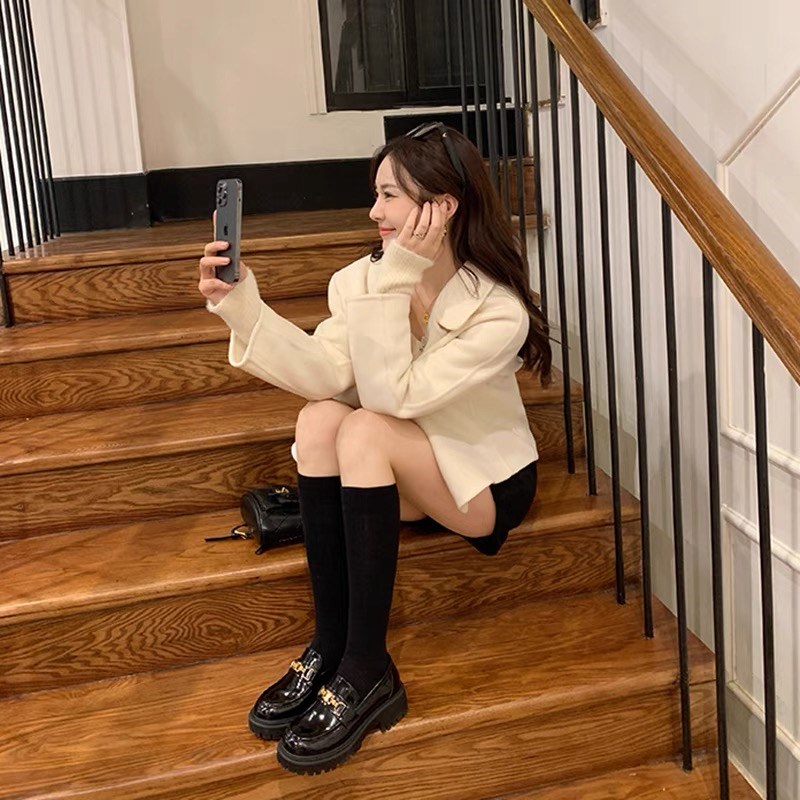 2024年春季英伦风粗跟厚底黑B色乐福鞋女凯旋门小皮鞋单鞋jk鞋